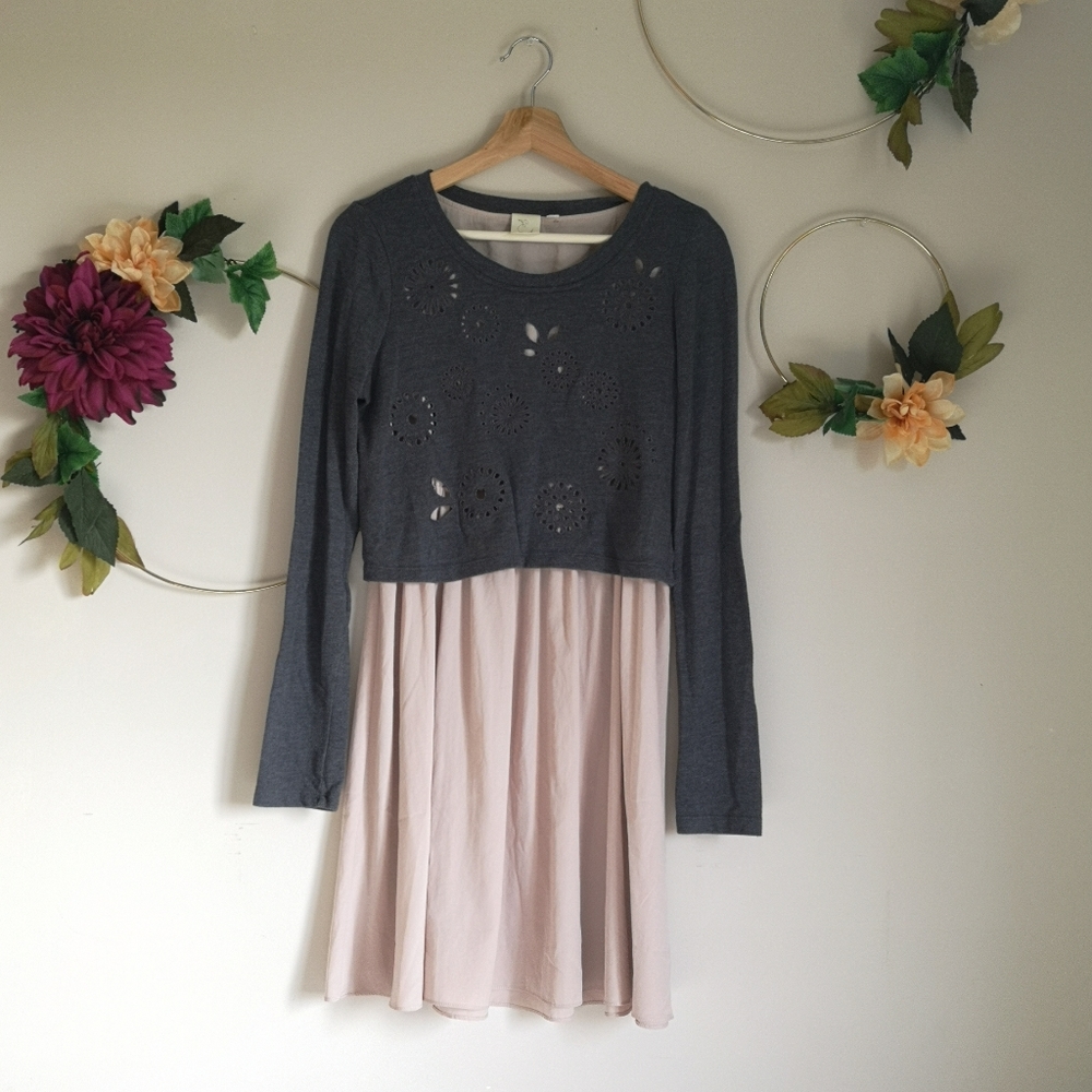 Anthropologie Gray Crochet-Overlay Long Sleeve Dress